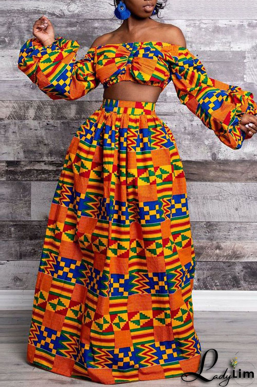 Yellow Vintage Elegant Print Patchwork Off the Shoulder Tops