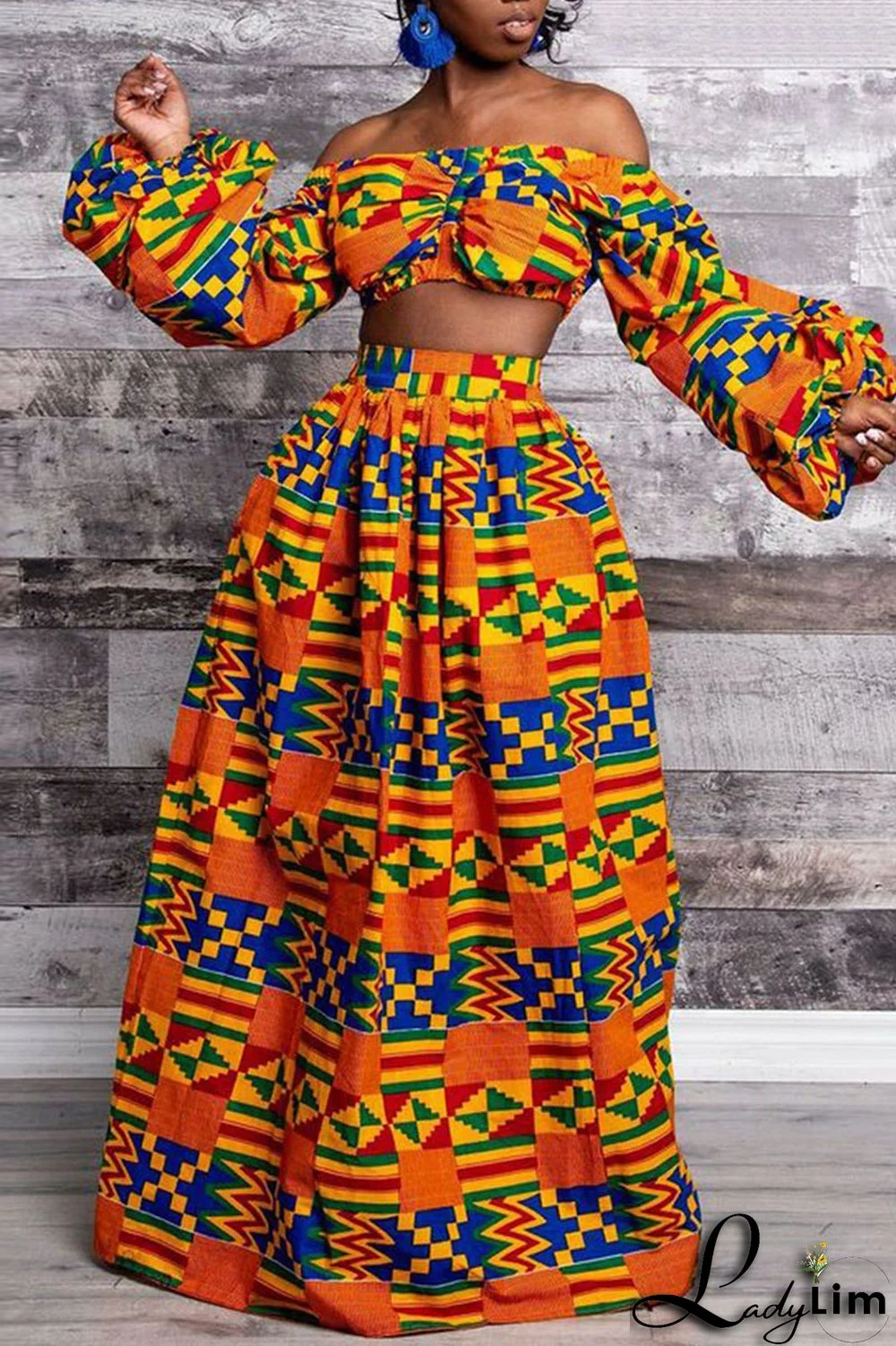 Yellow Vintage Elegant Print Patchwork Off the Shoulder Tops