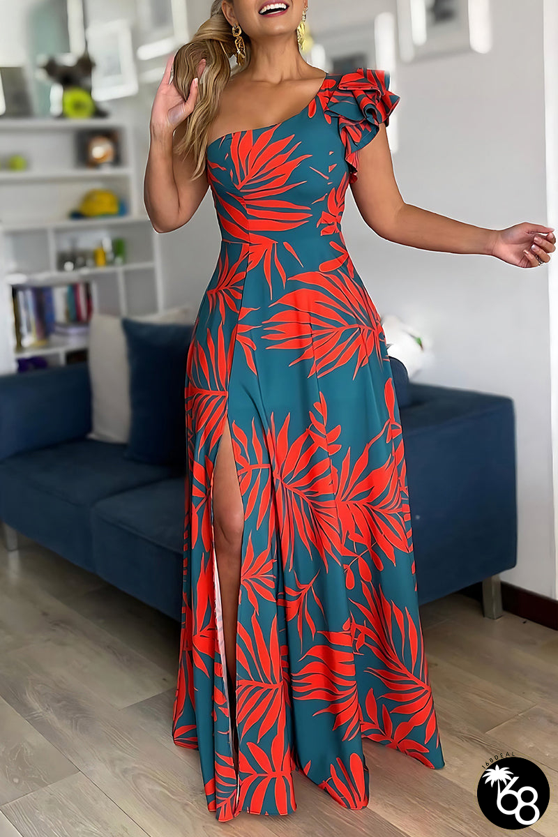 Elegant Print Patchwork Backless High Slit Ruffled Trim Oblique Collar Long Dresses | 168DEAL