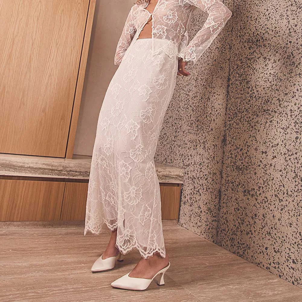 Elegant Ivory Satin Pointed Toe Flared Heel Mule Shoes for Women