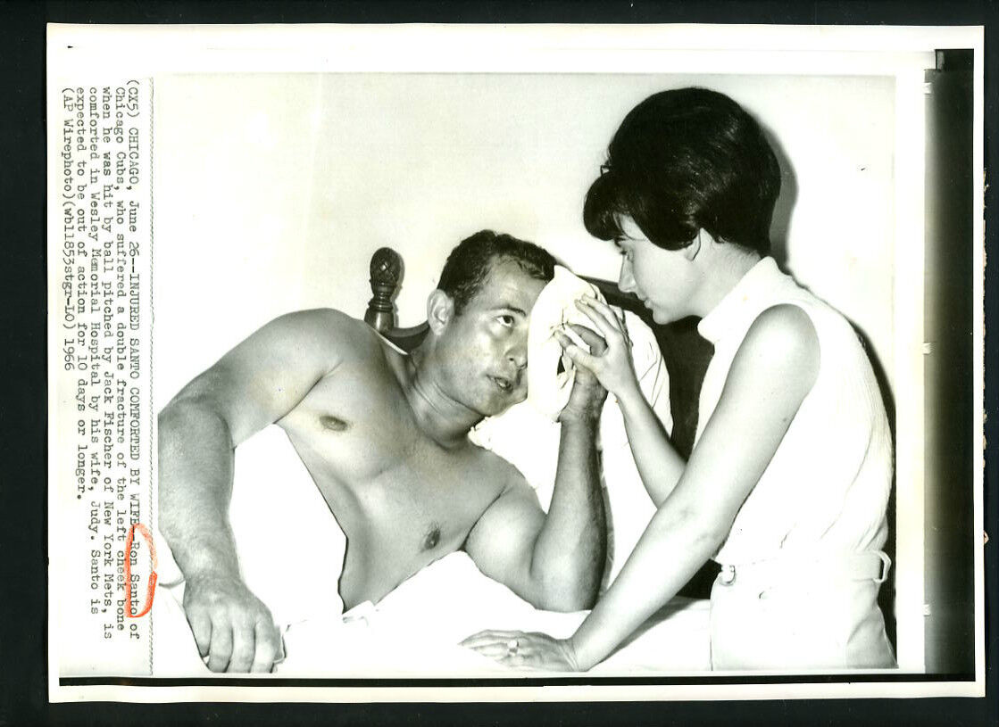 Ron Santo INJURED BEANED 1966 Wire Photo Poster painting Chicago Cubs