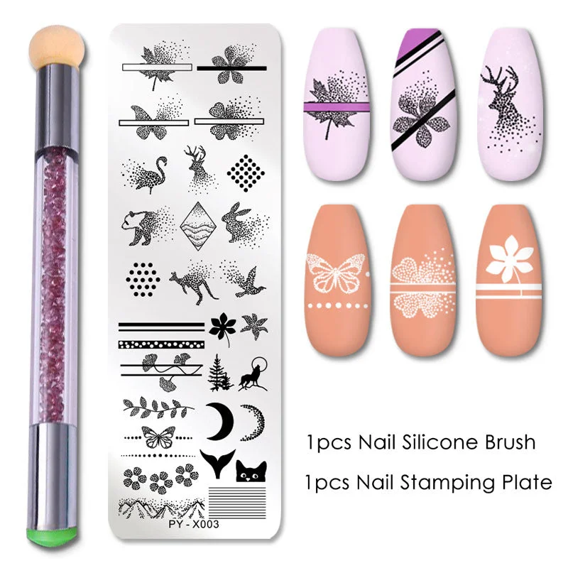 2Pcs/set Nail Stamping Plates Set Silicone Sponge Brush Polish Transfer Stencils Flower Geometry DIY Template for Nail Tools-Nail Inspo