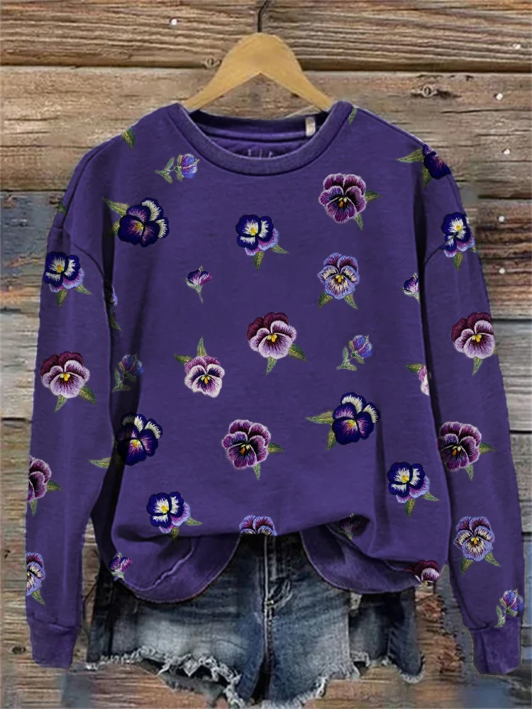 VChics Pansy Floral Embroidery Pattern Comfy Sweatshirt