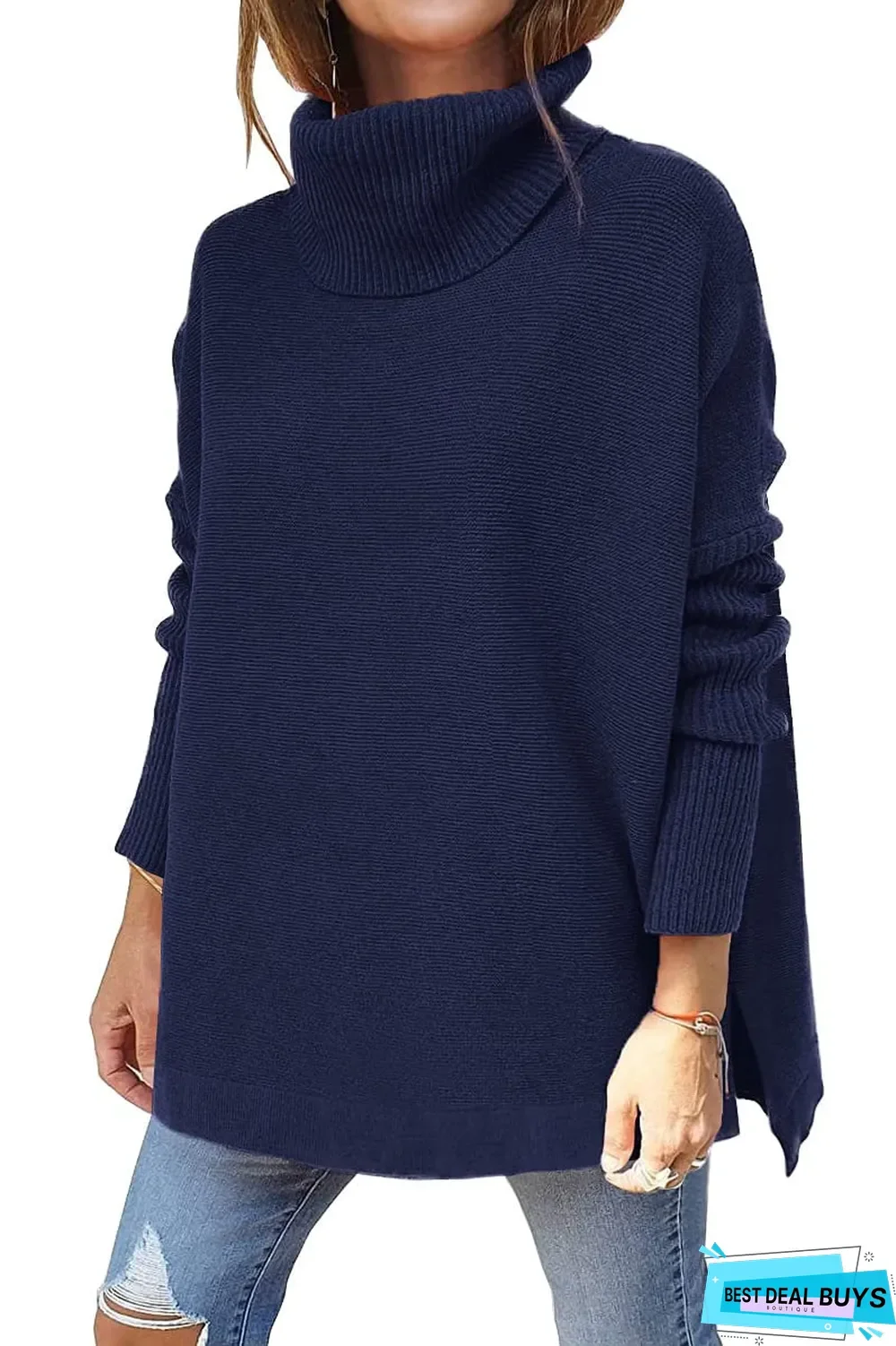High Neck Bat Wing Sleeve Split Hem Waistband Pullover Sweater