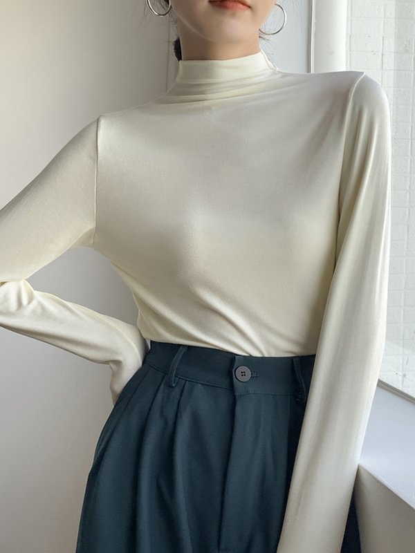 Simple Modal 10 Colors High-Neck Long Sleeves T-Shirt Top