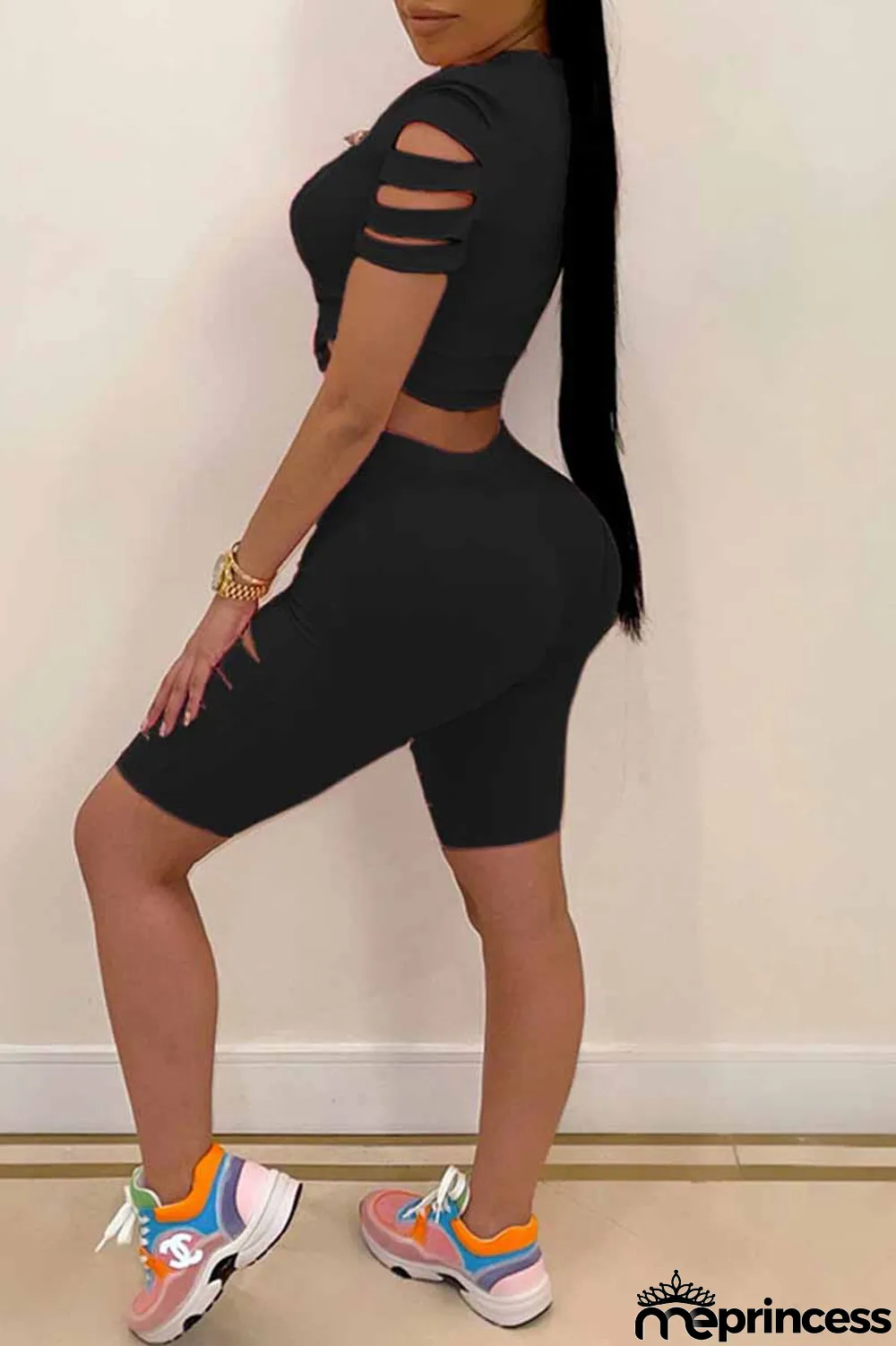 Black Casual Print Ripped Letter O Neck Short Sleeve Two Pieces