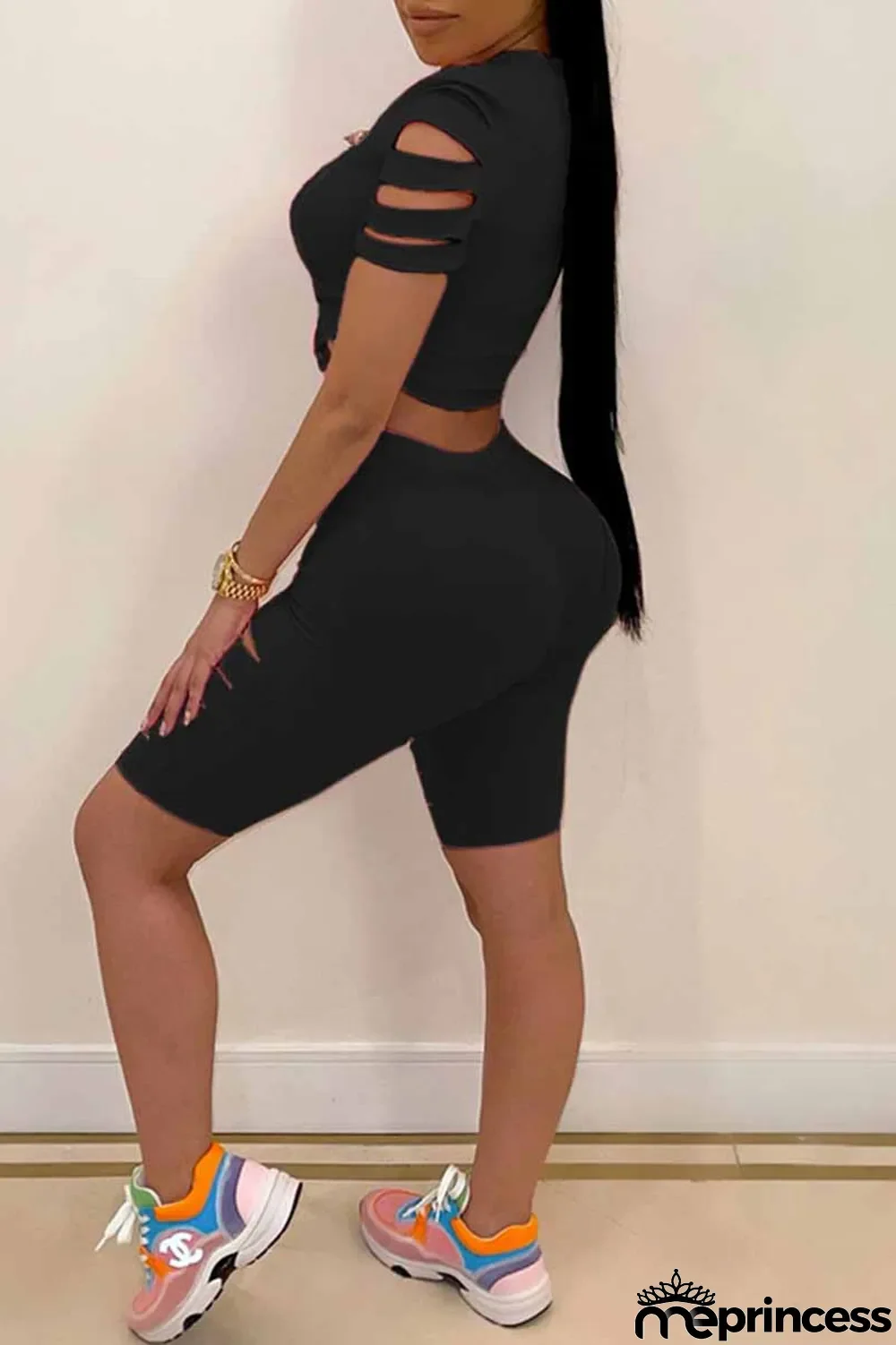 Black Casual Print Ripped Letter O Neck Short Sleeve Two Pieces