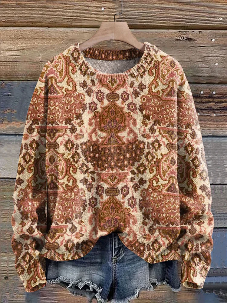 Women's Vintage Persian Pattern Print Knit Pullover Sweater