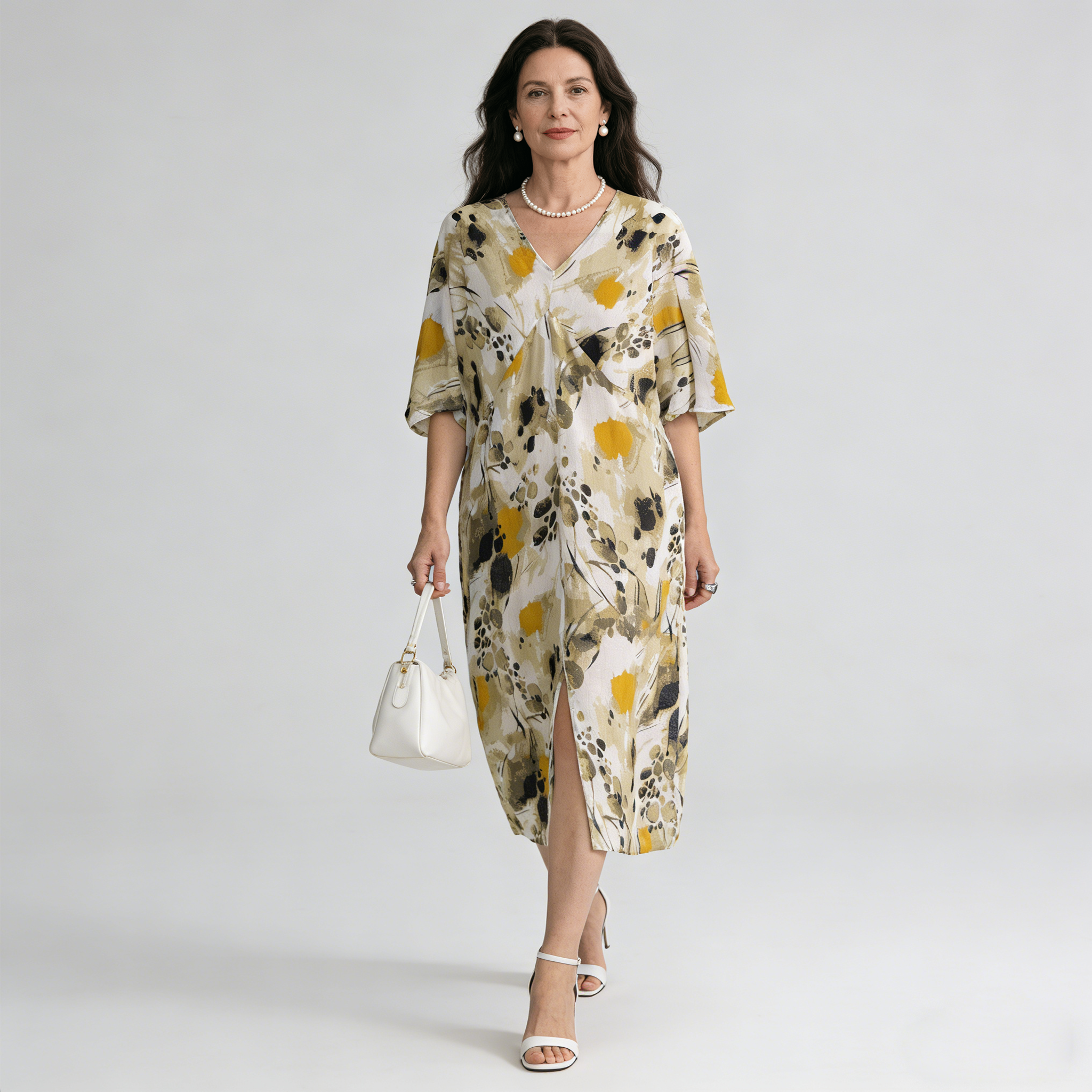 Linen Midi Dress Women 100% Ramie Abstract Print V Neck Summer Dress REAL SILK LIFE