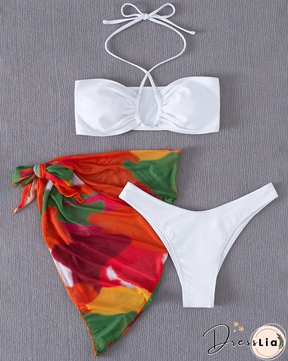 3PCS Cross Halter Bikini Set With Colorblock Beach Skirt P1881257892