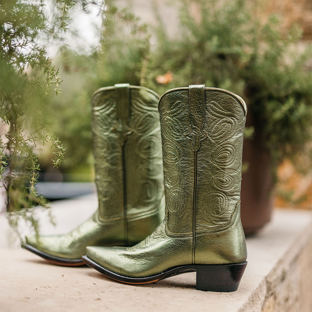 Olive Green Metallic Pointed Toe Chunky Heel Mid-Calf Cowgirl Boots