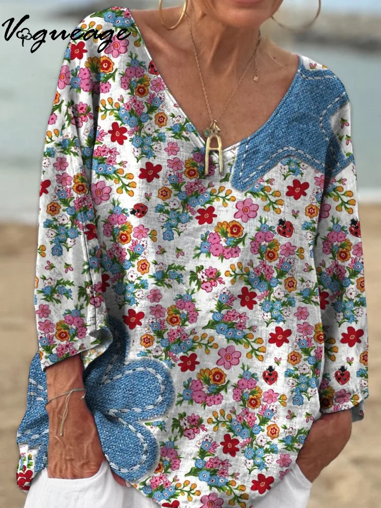 Gentle And Cute Little Flower 3/4 Sleeves Printed Cotton And Linen Shirt