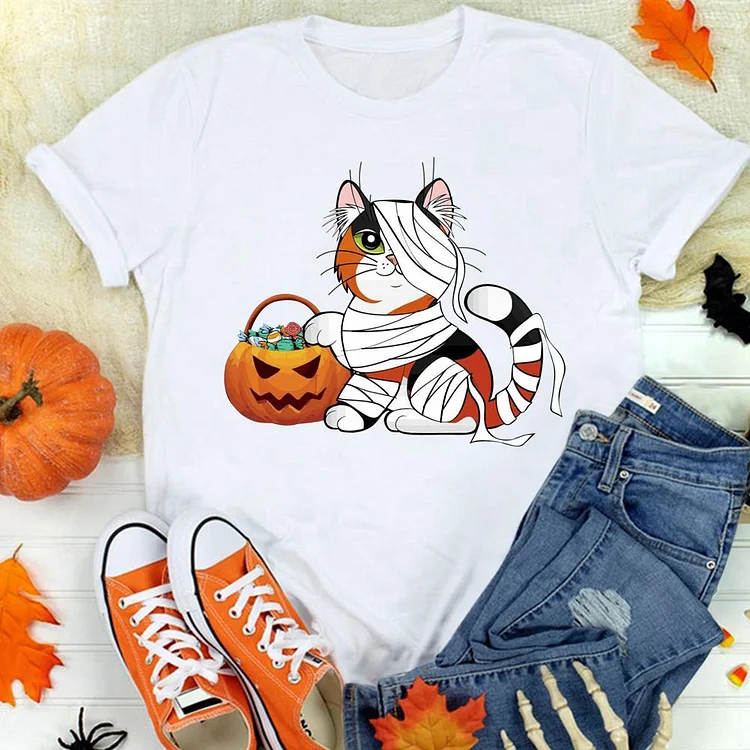 Halloween Pumpkin Cat  T-Shirt Tee-06930