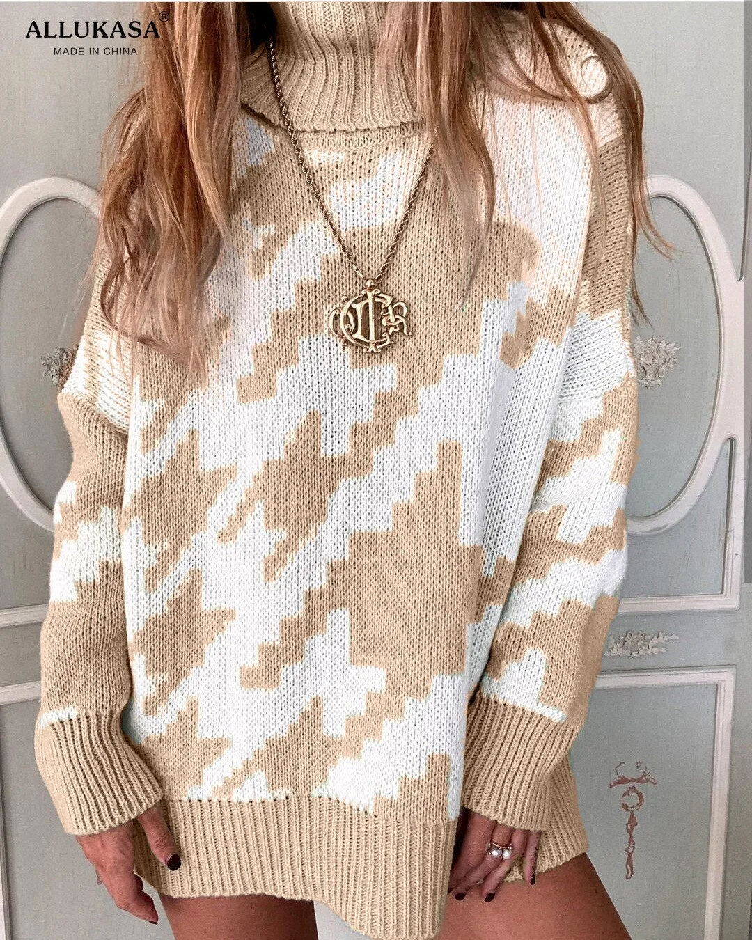 cuello suelto vestido Casual de mujer de punto Jersey largo de gran manga larga  Invierno pata de gallo Jer 2020 top