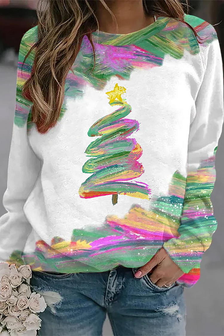 Oil Painting Christmas Tree Print Sweatshirt