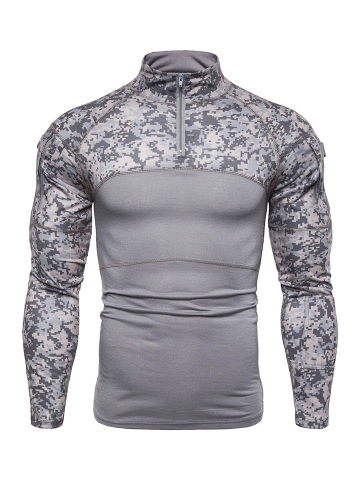 Men's Sports Pullover Printed Military Battlefield Outdoor Stretch Fitness Camouflage Long Sleeve T-Shirt Men's Zipper Pocket