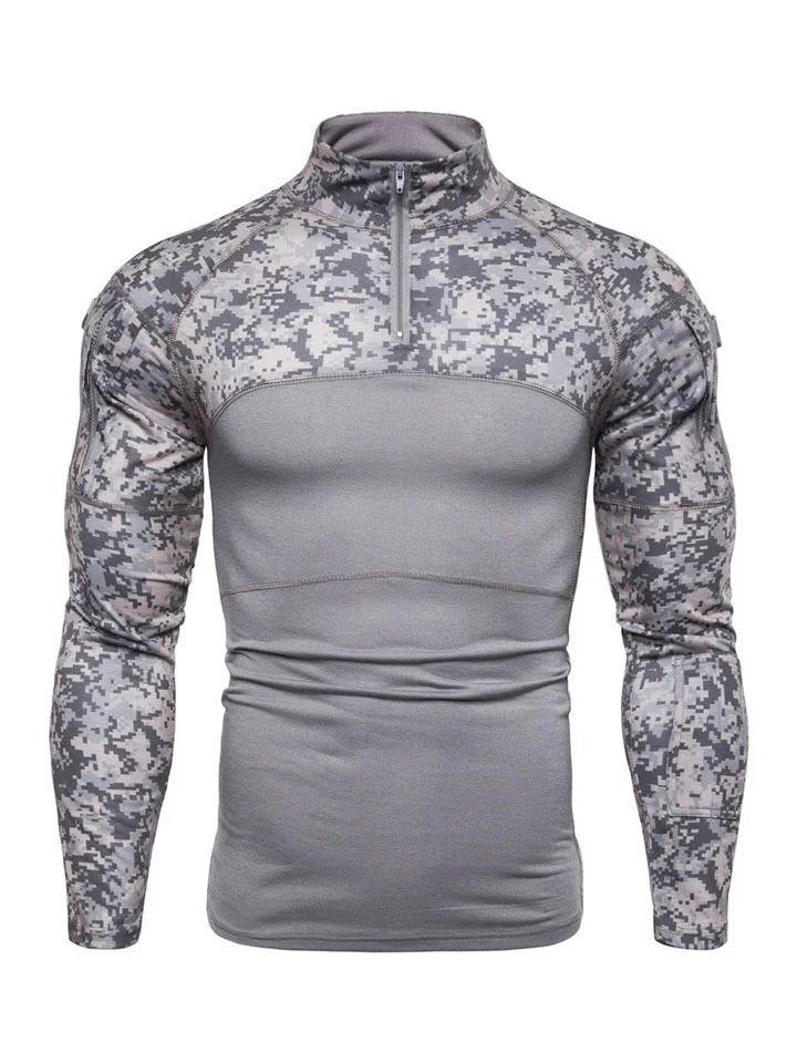Men's Sports Pullover Printed Military Battlefield Outdoor Stretch Fitness Camouflage Long Sleeve T-Shirt Men's Zipper Pocket-Cosfine