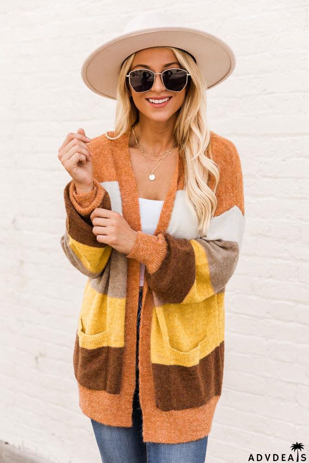 Open Front Pocketed Colorblock Cardigan