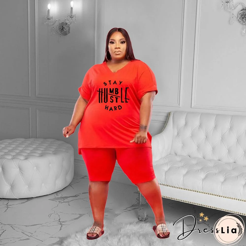 Plus Size Women Short Sleeve V Neck T-Shirt Knee Length Shorts Summer Clothes Two Piece Matching Set