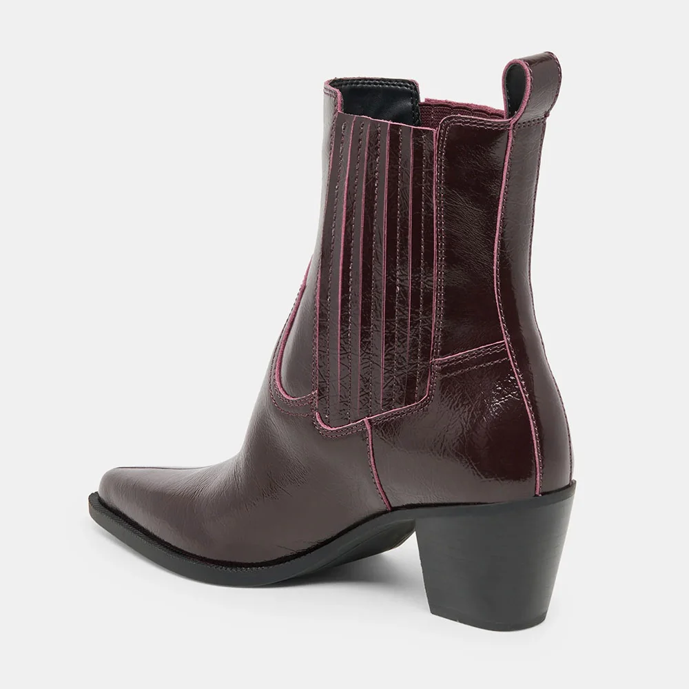 Maroon Mid Heeled Pointed Toe Slip On Chelsea Boots for Women