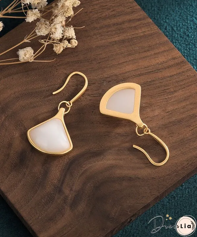 Stylish White Ancient Gold Jade Fan Shaped Drop Earrings