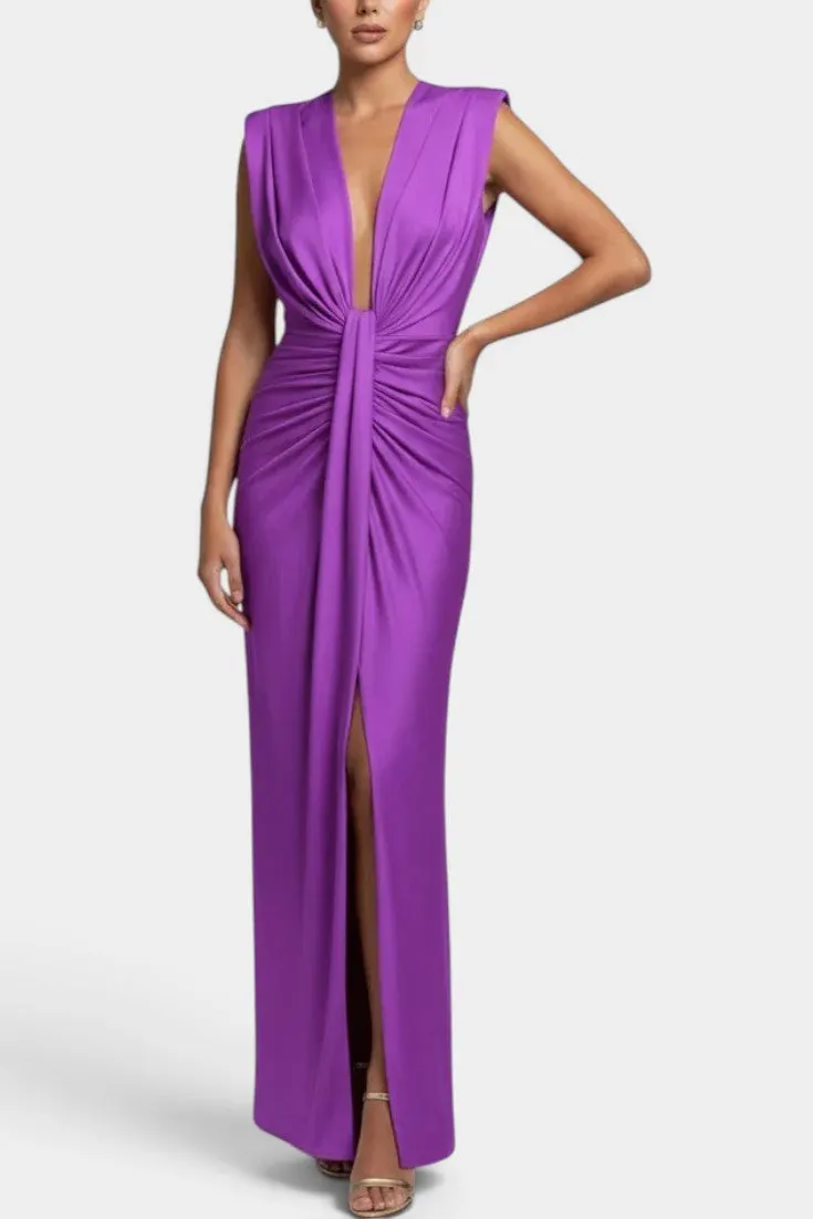 Deep V-Neck Long Gown with Front Slit