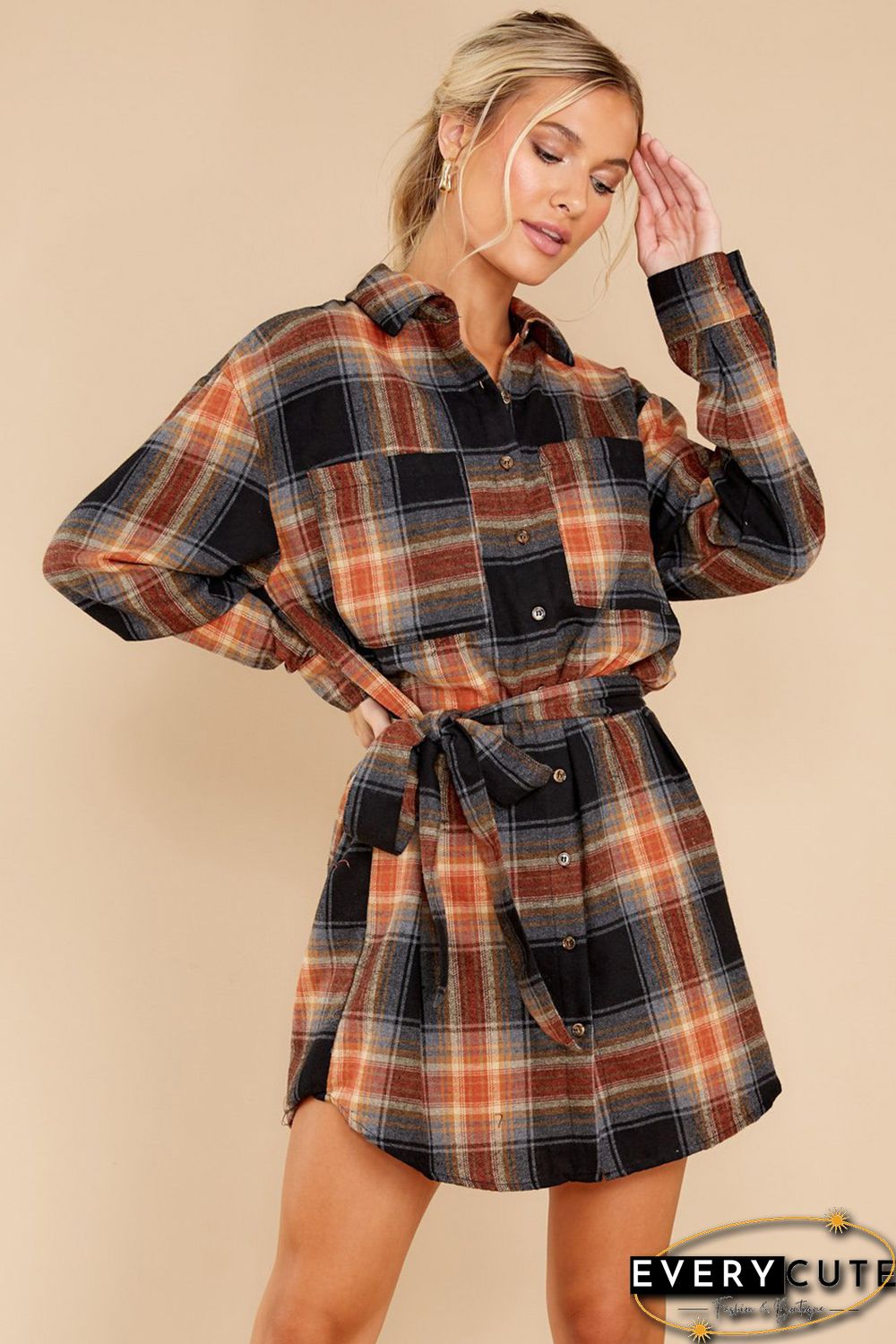 Plaid Chest Pocket Shirt Mini Dress with Belt