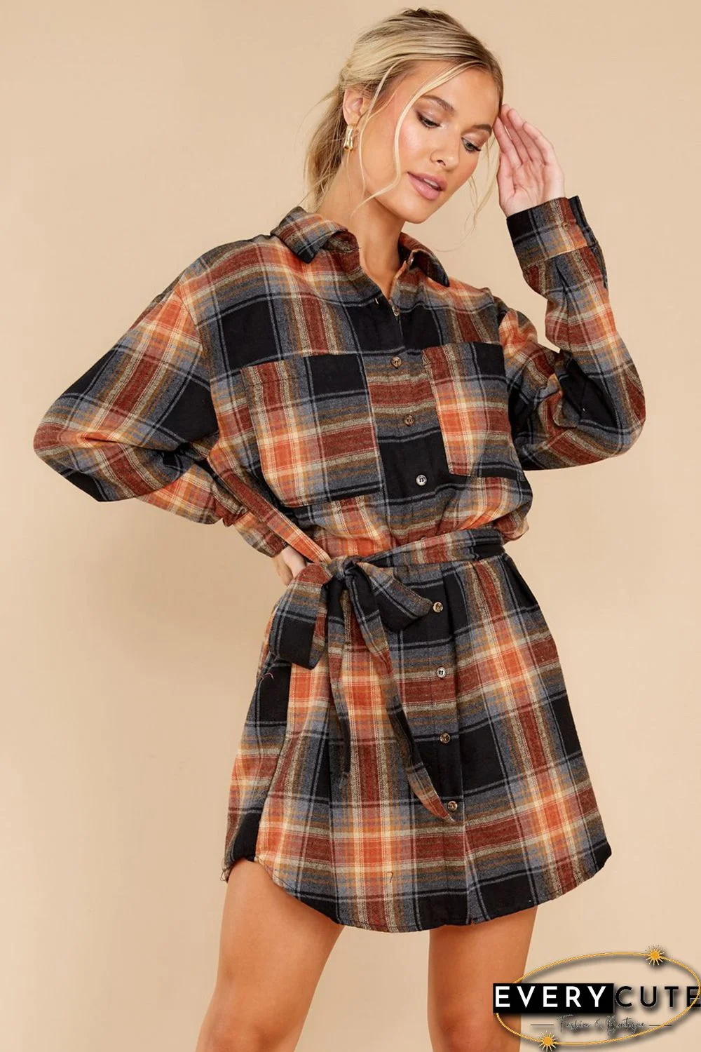 Plaid Chest Pocket Shirt Mini Dress with Belt