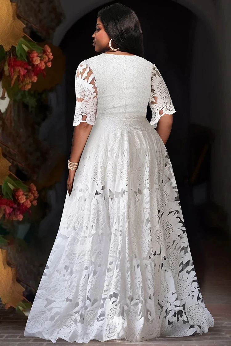 Xpluswear Design Plus Size Wedding White V Neck Half Sleeve See Through Lace Maxi Dresses