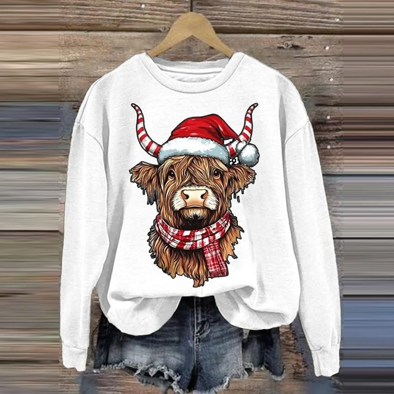 Christmas Highland Cow Print Crew Neck Sweatshirt