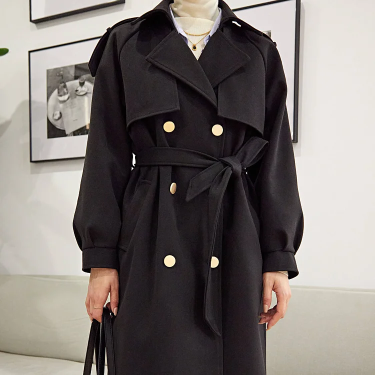 Black Double-Breasted Belted Lapel Collar Longline Coat QueenFunky