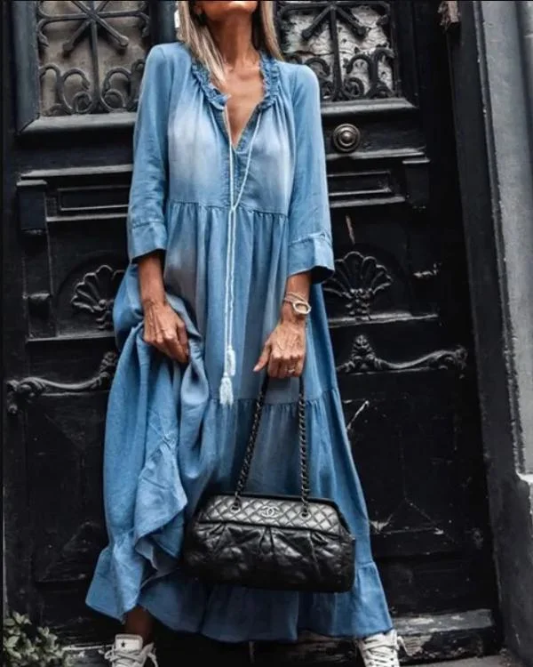3/4 Sleeve Long Denim Dress