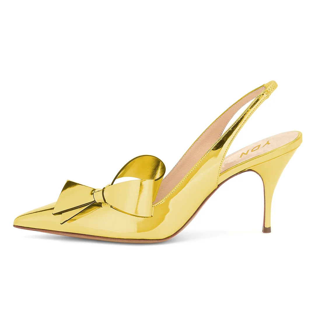 Gold Metallic Touch Pointed Bow Inlay Stiletto Heel Slingback Pumps