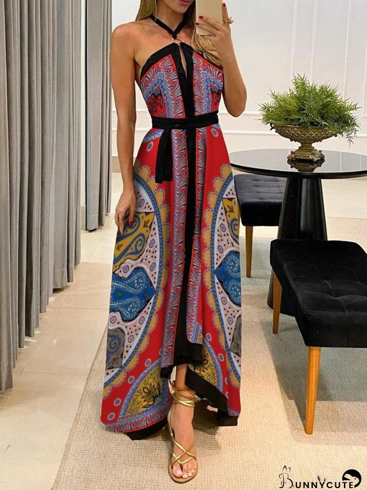 Halter Scarf Print High Slit Maxi Dress