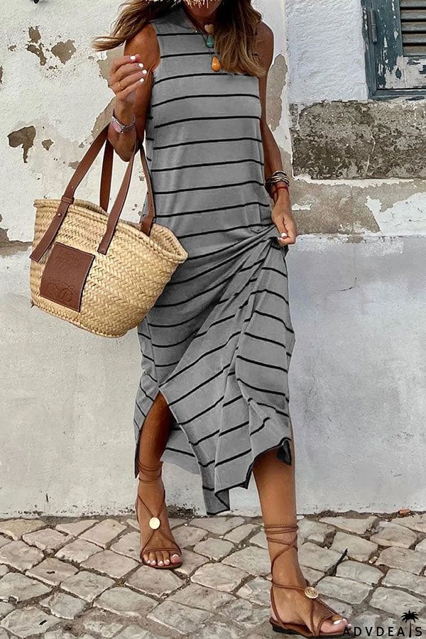 Striped Backless Casual Side Slits Maxi Dress