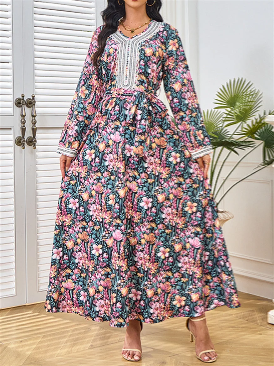 Women's Long Sleeve V-neck Sequins Floral Printed Lace Stitching Maxi Dress