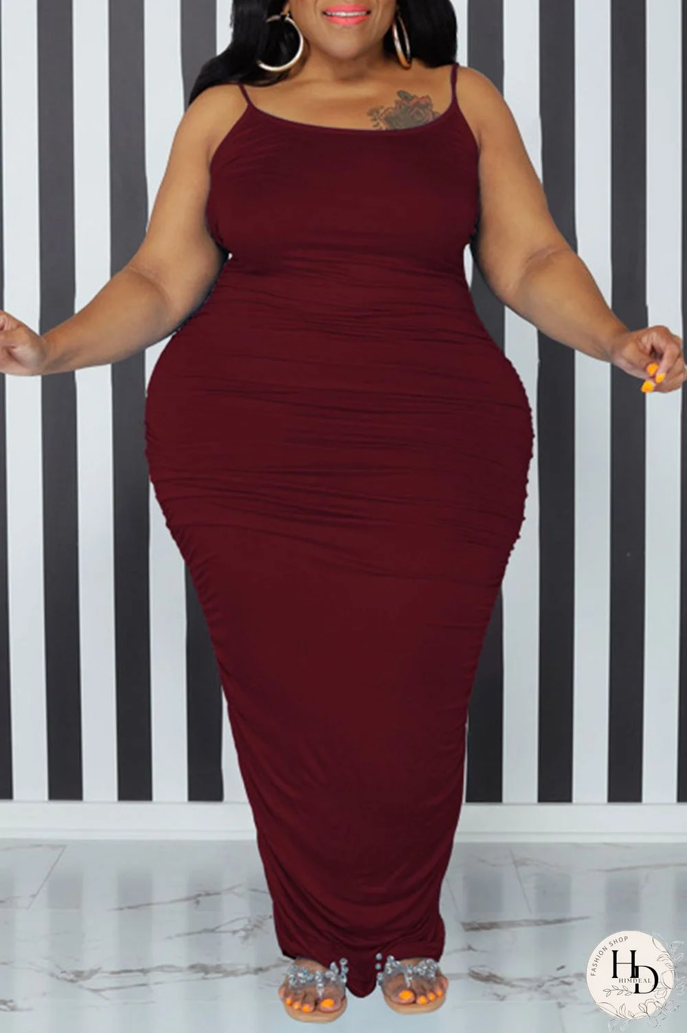 Burgundy Sexy Solid Patchwork Spaghetti Strap One Step Skirt Plus Size Dresses