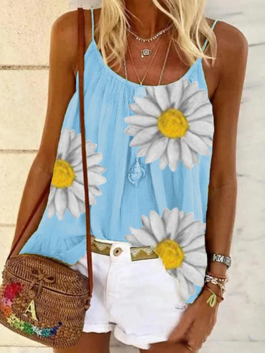 Vintage Sleeveless Boho Daisy Floral Printed Crew Neck Plus Size Casual Vest Tops