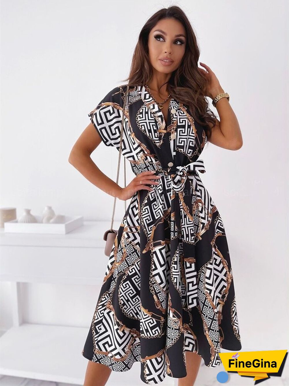 Printed V-neck Short Sleeve Temperament Shirt Dress