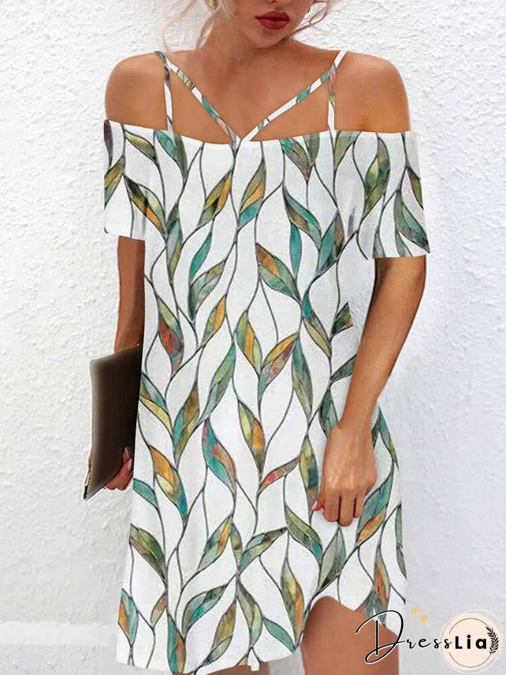 Vintage One-Line Neck Cross Strap Dress Women Summer Sexy Short Sleeve Backless Mini Dress Ladies Fashion Printed Loose Dresses