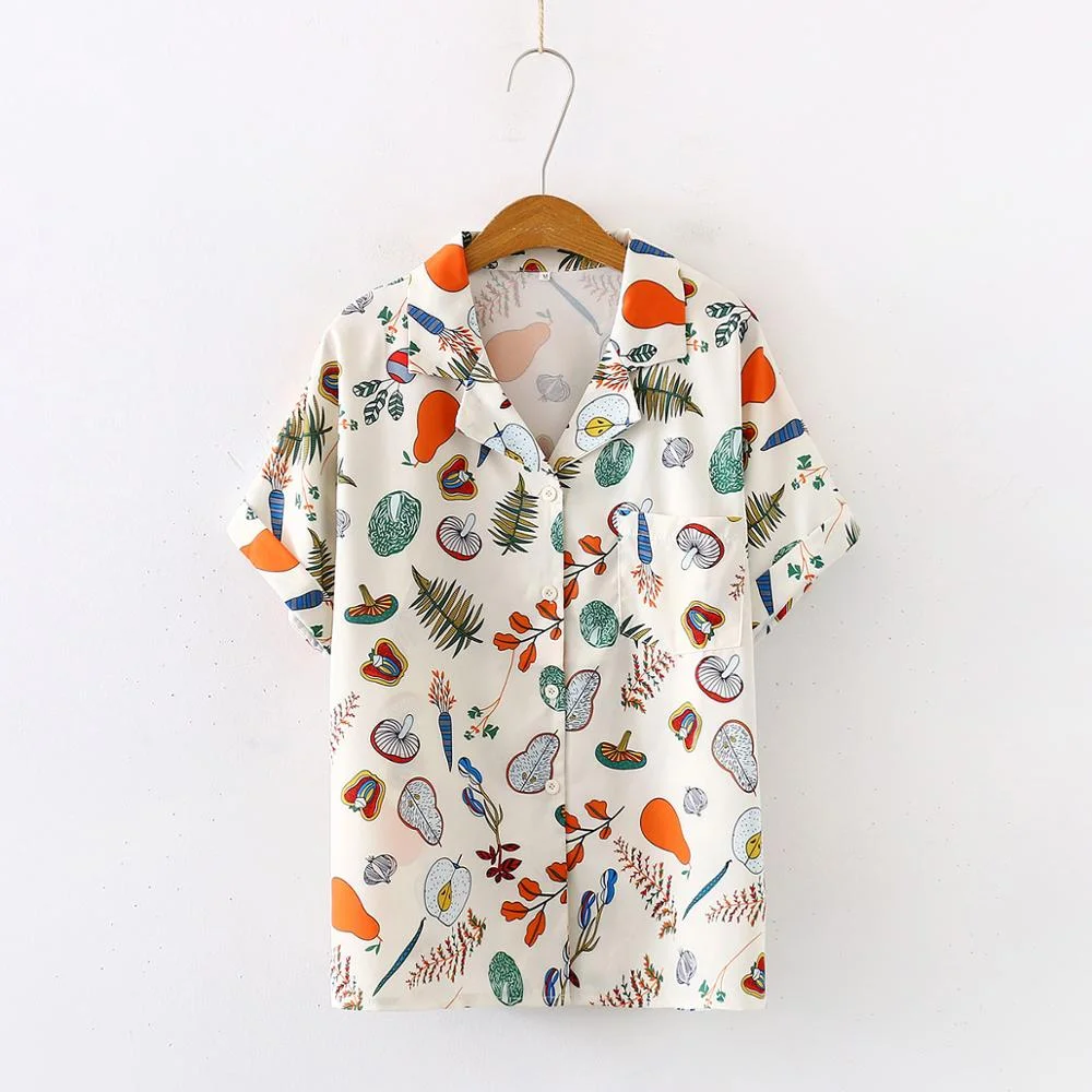 New Arrival Fruit and Vegetable Print Notched Lapel Oversize Chiffon Blouse Button Up Apricot Casual Chic Shirts Feminina Blusa