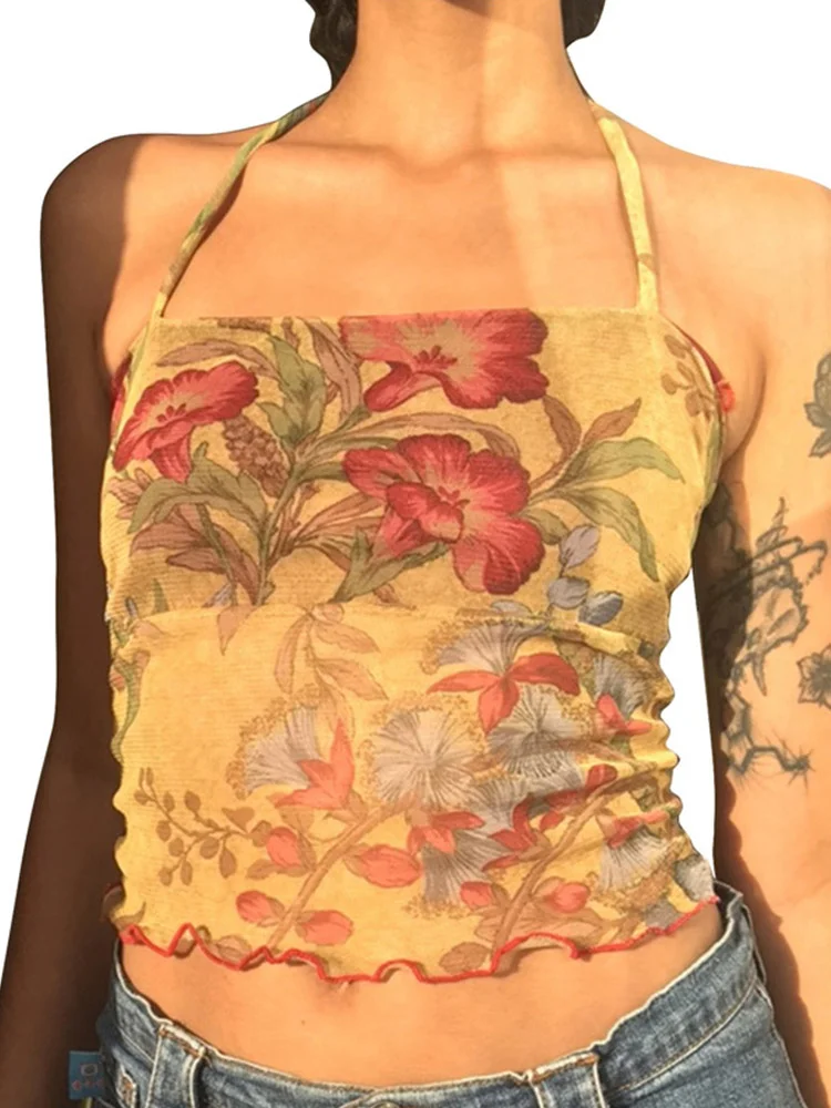 Mesh Sheer Floral T-shirt Vintage halter Tops Women Sleeveless Slim Fit Crop Top