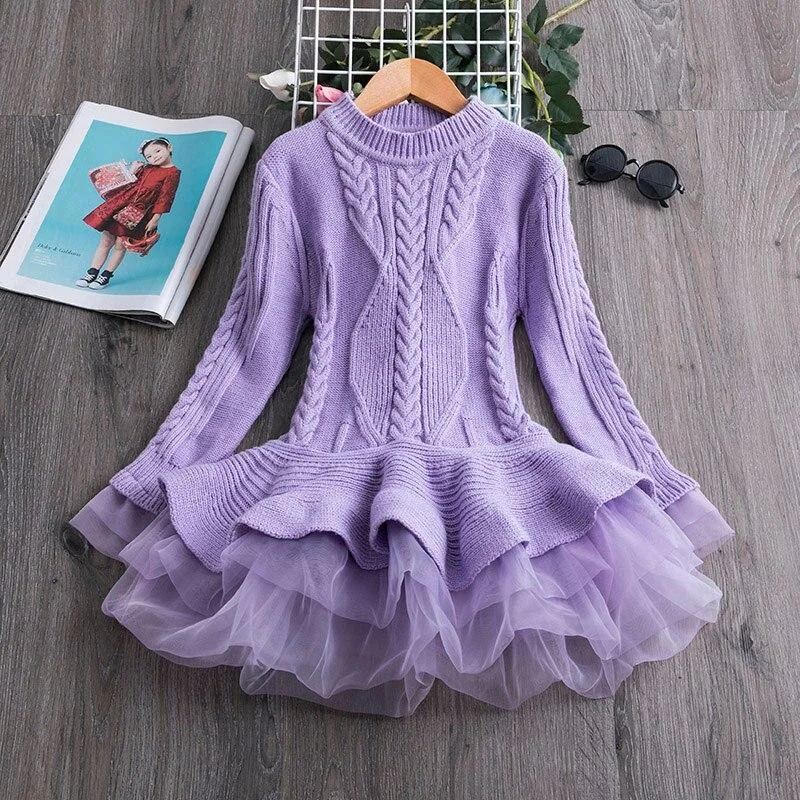 Knitted Sweater Dress for Girls Autumn Winter Clothes Ribbed Long Sleeve Kids Party Costume Casual Wear Princess Christmas Dress