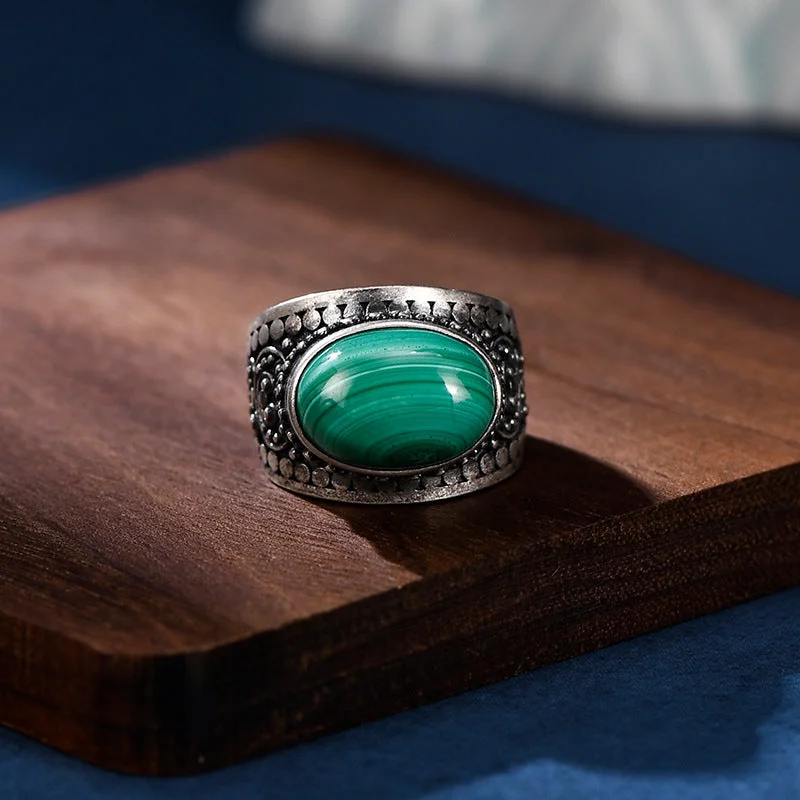 S925 Silver Malachite White Jade Vintage Adjustable Ring