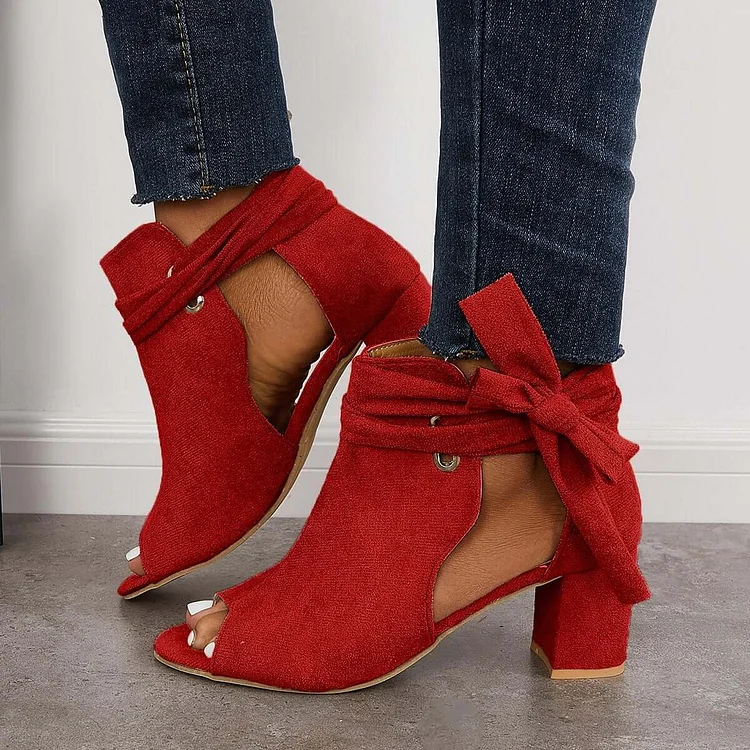 HUXM Hollow Chunky High Heels Lace Up Bowknot Ankle Strap Sandals