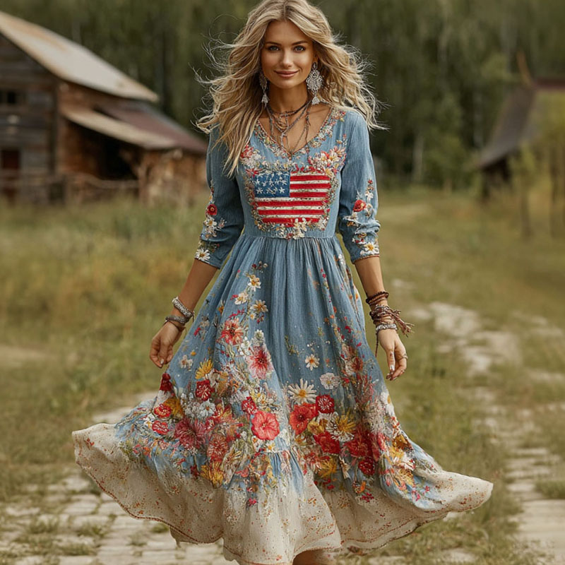  Women's Vintage Independence Day Anniversary Flag Floral Print Cotton Linen Maxi Dress Westsshops