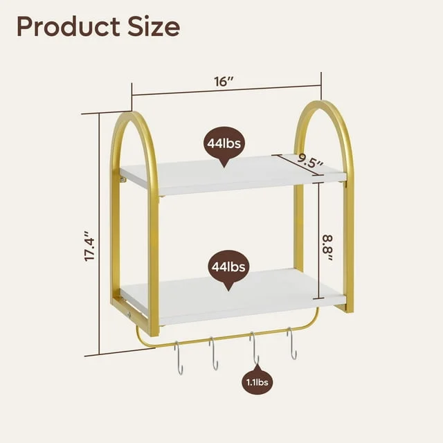 Bestier 2 Tier Bathroom Shelf Wall Shelf Floating Shelves 16 x 9.5 inch Wall Mounted Toilet Storage Shelves with Towel Rack