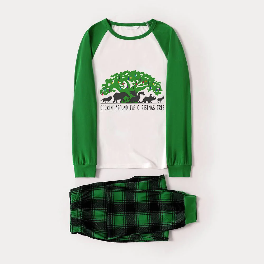 Family Christmas Shirts Christmas Tree Animal Kingdom Animal Kingdom Patterned and 'ROCKIN AROUND THE CHRISTMAS TREE' Letter Print Contrast Tops and Black and Gren Plaid Pants  Family Matching Raglan Long-sleeve Pajamas Sets