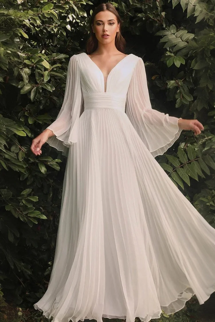 Semi Formal White Chiffon Pleated Flare Sleeve Tunic Maxi Dress