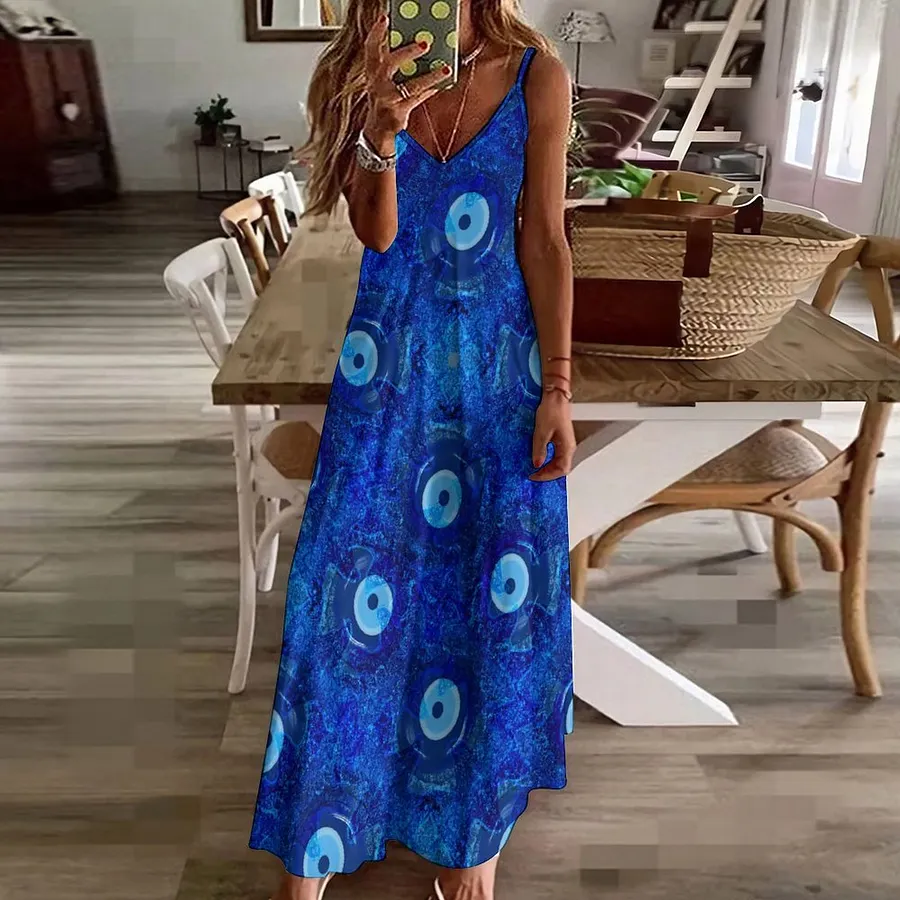 evil eye maxi dress Evil Eye Print Dress Protect Me Vintage Pattern Maxi Dress High Waist Long Sleeve Street Fashion Boho Beach Long Dresses